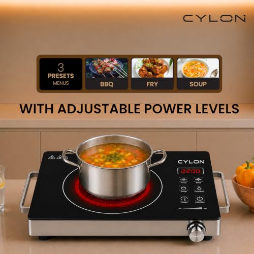 Image of CYLON InfraMate 2200W Infrared Cooktop Stove with Grill Rack, Crystal Glass Top, Digital Display, Touch Control, Compatible with All Cookware, Infrared Hot Plate, Black