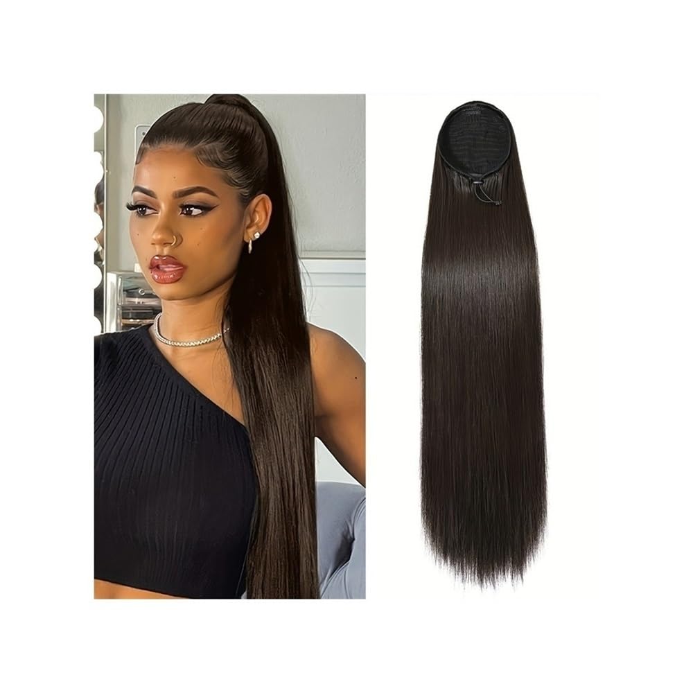 Coleta de cabello humano liso y largo de 24 pulgadas con sistema de ajuste de cordón seguro 8