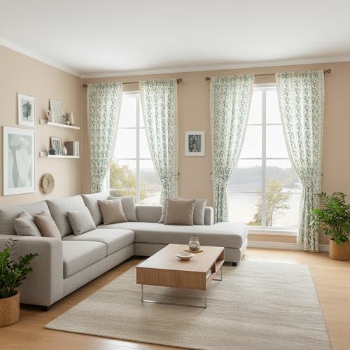 Image of Boho Curtains 96 Inch Long for Living Room, Bedroom,Sky Blue on White 2 Panels Floral Farmhouse Vintage Tassel Semi Sheer Light Filtering Privacy Window Curtain Drapes with Rod Pocket