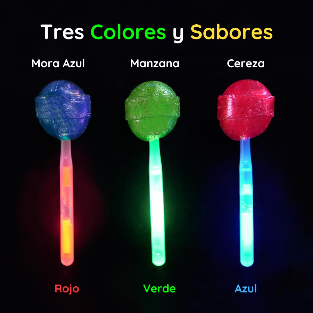 Piruletas Neón – Pack 24 | Piruleta luminosa con palo fluorescente que se activa al doblarlo | Sabores Manzana, Cereza y Mora | Ideal para fiestas, bodas, discotecas y eventos