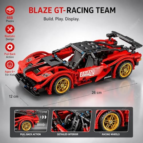 Image of 1:18 Scale Racing Car Building Block Set - Pull Back DIY Assembly Supercar Model | Compatible Bricks Toy for Kids, Adults, Collectors & Racing Car Lovers (RED)