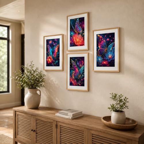 Image of Livin'luxe Set of 4 Neon Butterfly Floral Wall Paintings with Sparkle Laminate and Premium Wooden Synthetic Frame for Living Room Bedroom Office Decor (13.5 x 19.5 Inch)