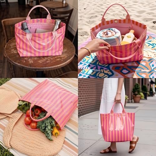 Bolso Tote de PVC a rayas rosa grande impermeable para mujer miniatura 2