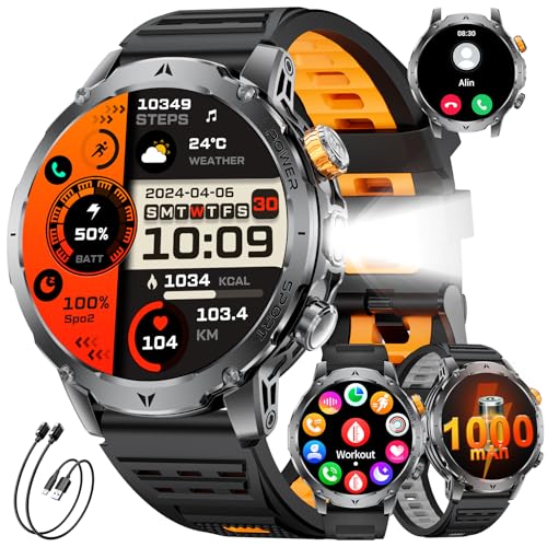 Image of Military Smart Watches for Men(3 Bands),1000mAh Battery /1.7 inch HD Large Screen Smartwatch, LED Flashlight /120+ Sports Modes /Sleep Monitor, IP68 Waterproof Fitness Tracker Watch for Android iOS,Black