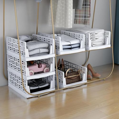 Image of Foldable Drawer Organizer with Stackable Storage Boxes for Wardrobe & Cupboard | Multipurpose Space Saving Storage Bins for Clothes, Toys, Books & Daily Essentials, White (Pack of 6)