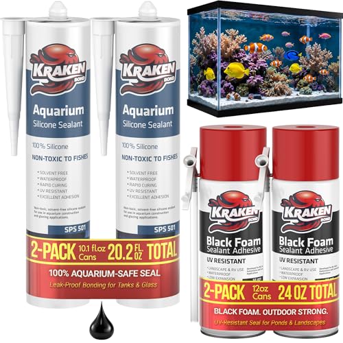Kraken Bond Black Spray Waterfall Foam Sealant Straw Use 2x12 oz &amp; Aquarium Silicone Sealant 2x10.1 fl. oz – Bundle for Vivarium, Terrarium, Fountain &amp; Aquascape Background, Caulking Gun Not Included