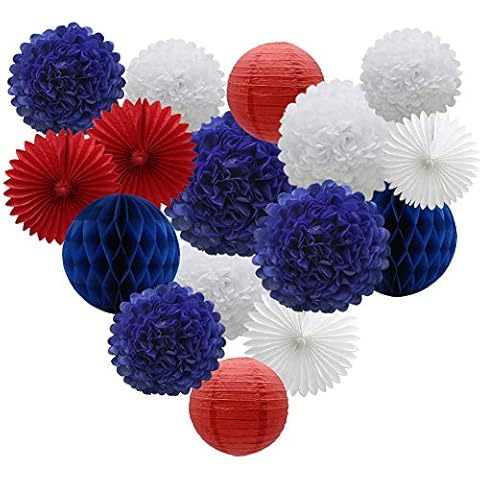 Navy Blue Red White Party Decorations 16pcs Paper Pom Poms Honeycomb Balls Lanterns Tissue Fans for 4th of July Day Patriotic Shake Theme Birthday Graduation Nurse Party Cover