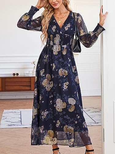 Women's Casual Boho Floral Maxi Dress Deep V Neck Long Sleeve Evening Party Dresses2