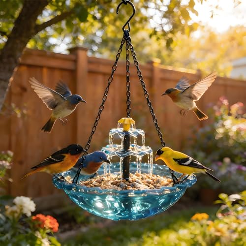 Solar Cascade Hanging Bird Bath Fountain 2026 New 3 Layers Hanging Solar Bird Bath Fountain Flowing Water Large Humming Birds Baths Fountains with Solar Pump & Plastic Bowl for Outdoor Gardens(Blue)