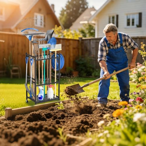 Gartenwerkzeug-Organizer, 3 Stöckiges Metall Gartenwerkzeug Halter mit Haken und 360° Schwenkbaren Rädern, Mehrzweck Gartengeräteaufbewahrungsregal für Garage, Gärten, Hof, Schuppen, 43*30*80