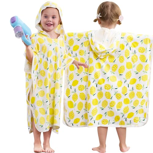 Image of Bamboo Viscose Hooded Bath Towels for Toddler Girls Kids Age 2-6, Measures 25.5" x 25.5", Soft Bathrobe, Absorbent Poncho Towels for Bathroom, Pool, Swim, Beach (Yellow Lemon)
