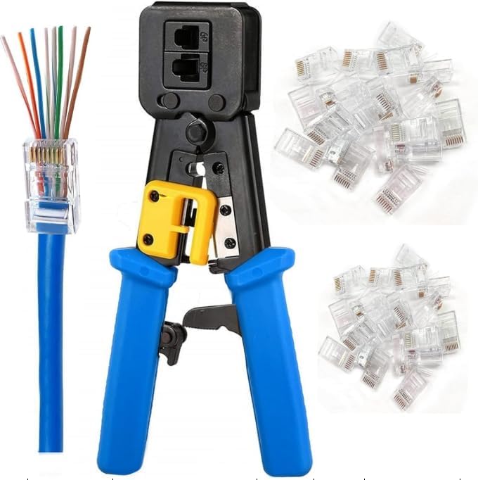Alybrol RJ45 Crimping Tool Ethernet Crimper for Cat6 Cat5 Cat5e RJ45 Pass Through Connectors and RJ12 Ends Comes with 50PCS RJ45 Cat6 Connectors and Replacement Blade