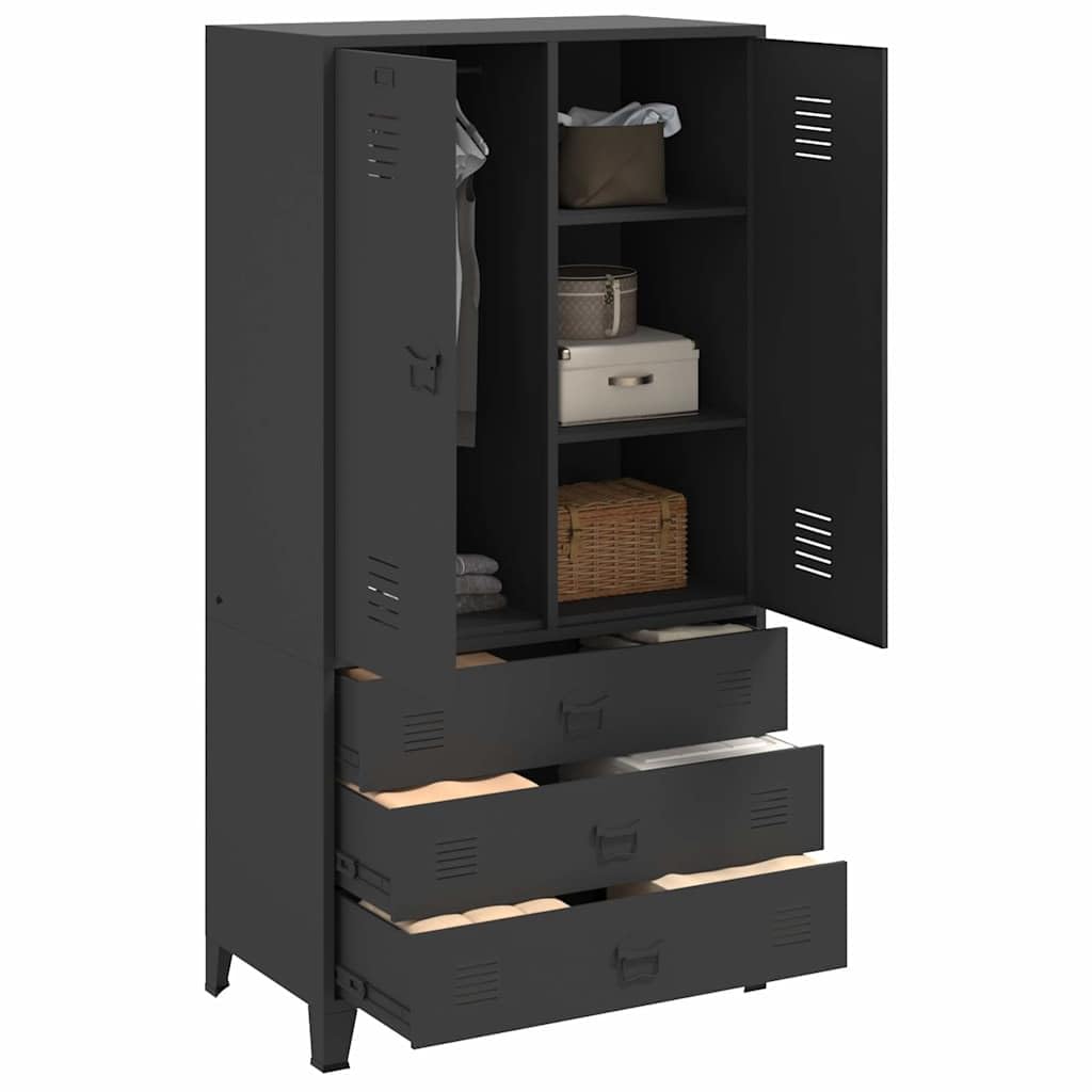 Armario industrial negro de metal 90 x 50 x 180 cm con 2 estantes, 1 barra para colgar, 3 cajones, soporte para placa de nombre, ranuras de ventilación para dormitorio y vestidor