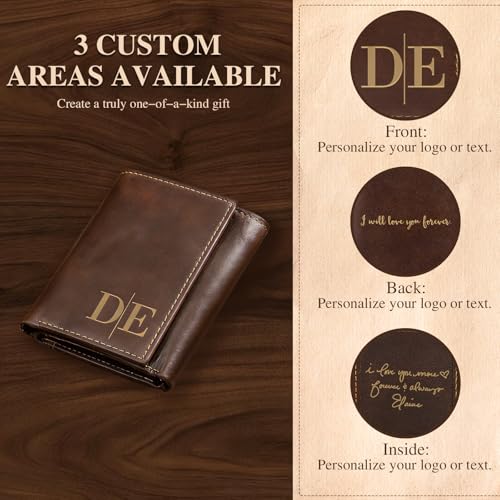 Image of Personalized Leather Wallet for Men, Custom Engraved with Name or Initials - RFID Blocking Bifold Thin Wallet, Ideal Father's Day Birthday Gift for Dad Husband, Comes with Gift Box (Tan)