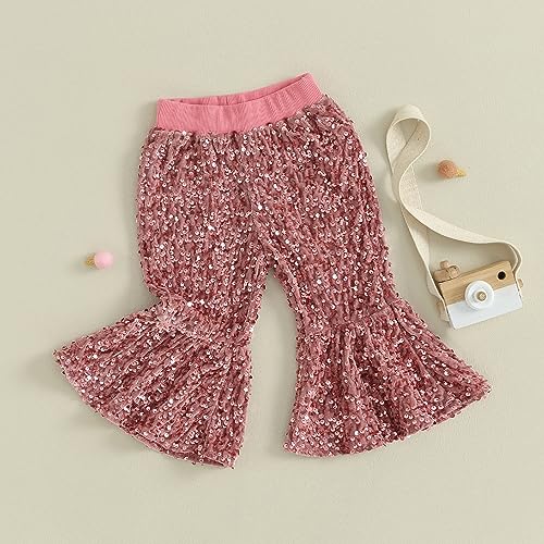 Qiylii Toddler Girl Bell Bottoms Pink Sequins Flared Pants Elastic Waist Sequin Halloween Trousers Outfits2