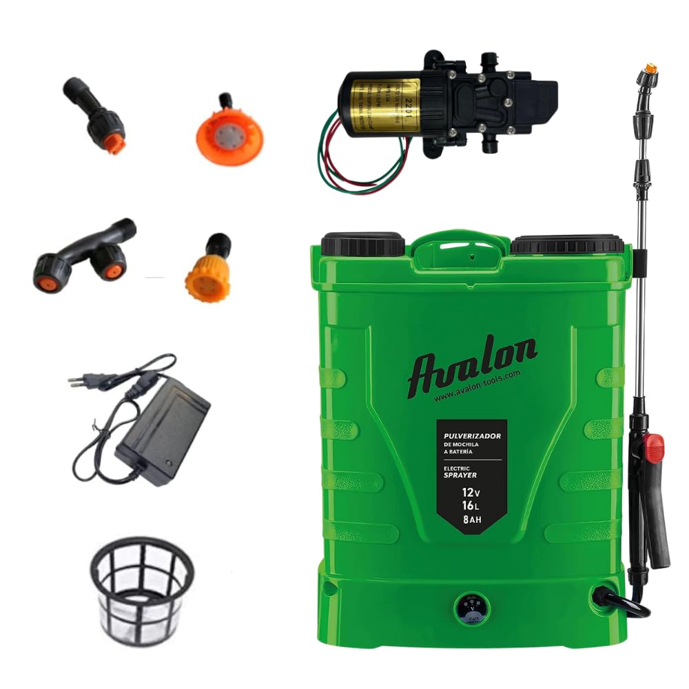 Avalon - Pulverizador de Mochila a Presión de 1 Lanza con Batería Recargable y Bomba, inlcuye Cargador de batería de Repuesto Tanque 16L, Lanzas INOX Verde
