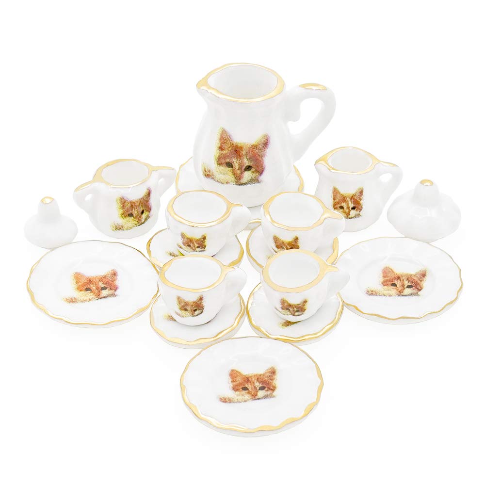 Odoria 1/12 Miniature Porcelain Tea Set 15Pcs Dollhouse Decoration Accessories, Cat