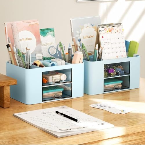 Image of ROKTRY Premium Desk Organizer for Office & Study | Multi-Compartment Stationery Holder with Drawers | Pen Pencil Stand, Sticky Notes Storage | Ideal for Home, Office, Students & Kids (Blue)