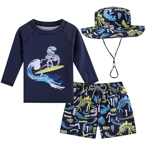 Baby Boys Swimsuit, 3-Piece Toddlers Swimsuit Trunk Long Sleeve Rashguard Swimwear and Sun Hat Set(Navy Dinosaur,4-5 Years) Cover