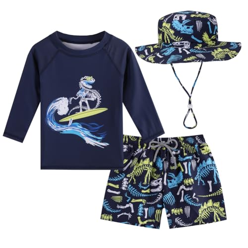 Baby Boys Swimsuit, 3-Piece Toddlers Swimsuit Trunk Long Sleeve Rashguard Swimwear and Sun Hat Set