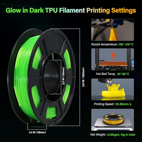 Image of YOUSU Glow in The Dark TPU 3D Printer Filament Bundle, 1.75mm 95A TPU, Blue,Green,Yellow,Purple 250g*4 Pack.