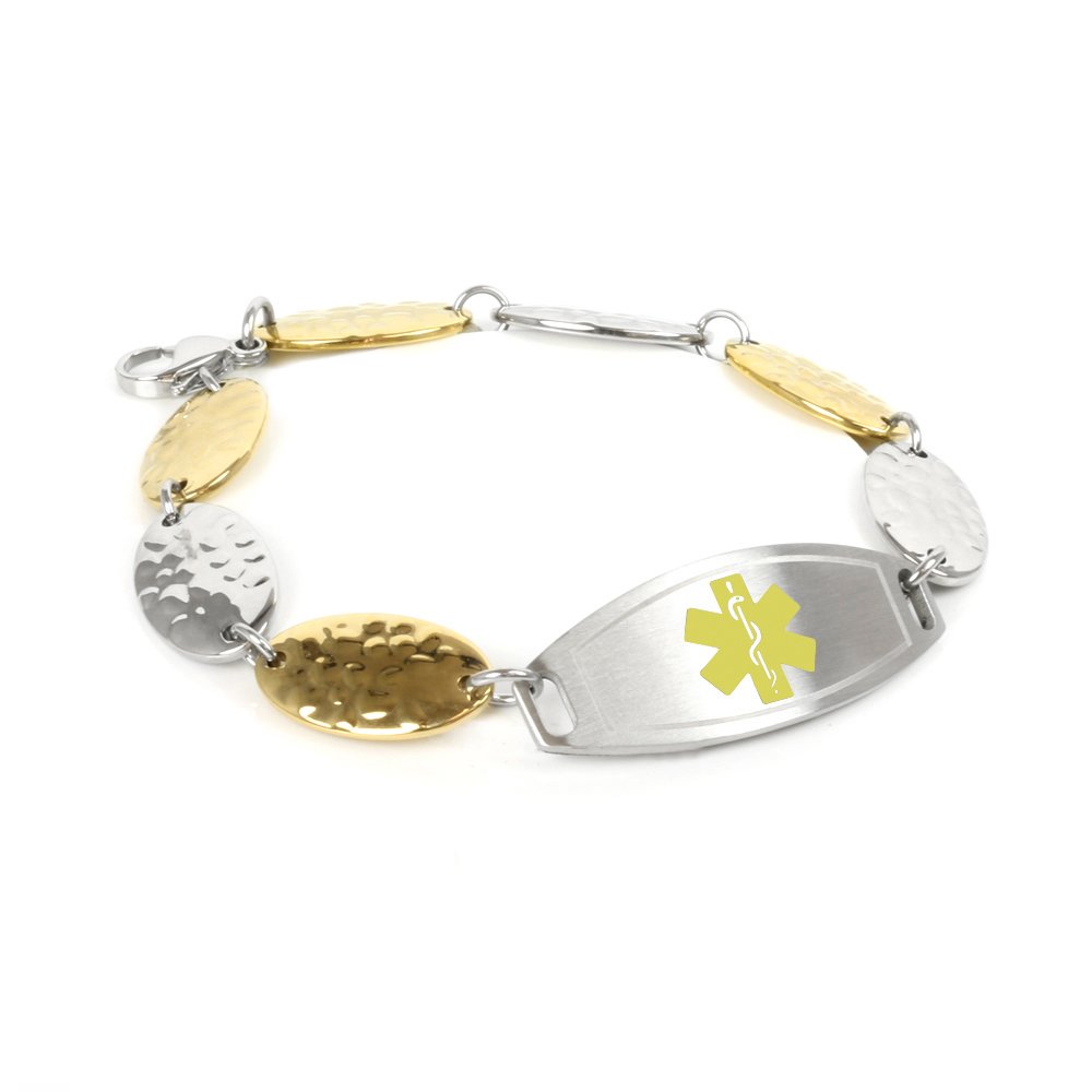 My Identity Doctor - Women's Customized Medical ID Bracelet with Engraving - 1.5cm Gold Tone Steel Petals - Yellow - Wrist Size 7.25 Inch