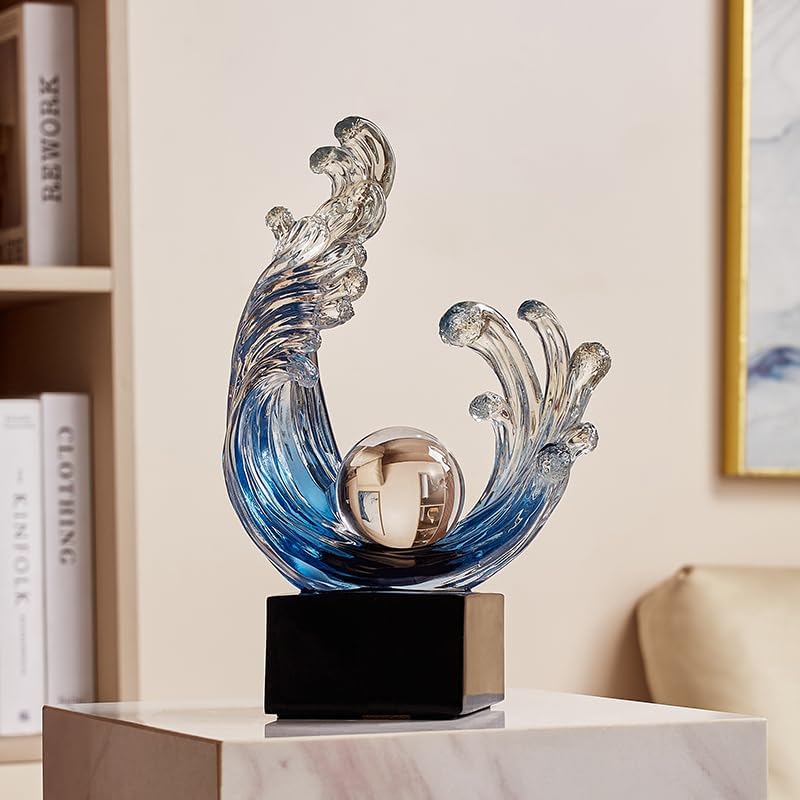 Modern Abstract Decorative Wave Statue, Blue Abstract Art Home Decor,Crystal Ball Art Wave Resin Sculpture, Office Desk Stand, Dining Table Center Decorative Aesthetics (A,Navy-Blue) - Image 8