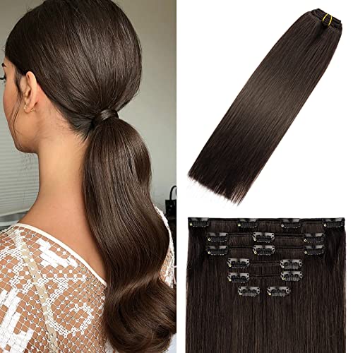 Clip In Hair Extensions Human Hair Dark Brown Hair Extensions Natural Remy Hair Extensions 18Inch Stainless Clips Thick Full Head 70g #2 7PCS