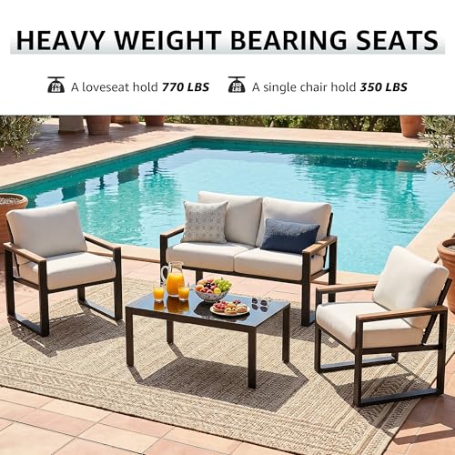 Image of NATURAL EXPRESSIONS 4 Pieces Patio Furniture Sets,Metal Outdoor Patio Furniture Sets,Outdoor Sectional Patio Conversation Set,Wooden Anti-Scald Armrest,Sling Mesh,4 inch Olefin Cushions