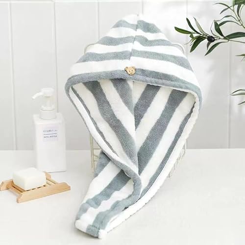 Thicken Hair Towel Wrap - Super Soft, Fast Drying Turbans for Long, Thick, Curly Hair - Anti Frizz Wrap with Elastic Strap (Gray)