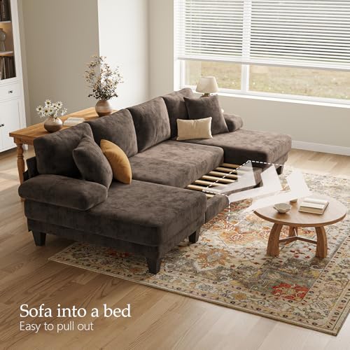 Image of Txtin's Sleeper Sofa with Pull Out Couch Bed | 112 Inch Couches for Living Room | U-Shaped Convertible Sofa Bed | Chenille Brown