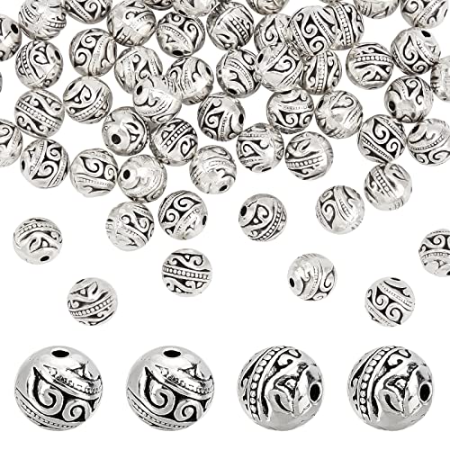 PandaHall   60 cuentas espaciadoras de plata de 8 mm, cuentas de metal de aleación tibetana, cuentas redondas plateadas para hacer joyas, pulseras y manualidades, agujero: 1,5 mm