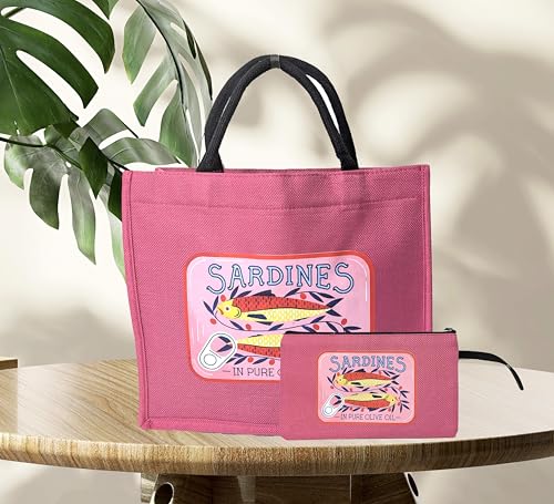 Sardines Tin Novelty Canvas Tote Bag Set: 2 Reusable Pink Travel Bags & Matching Zip Pouch with Unique Fish & Olive Oil Design4