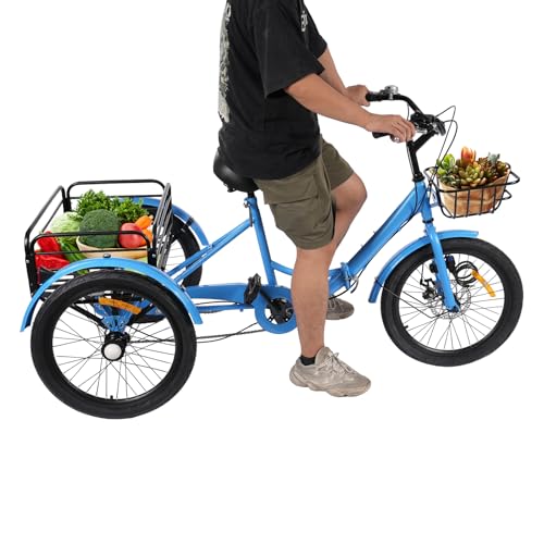 Mqwdxzfes 20 Zoll Faltbares Dreirad für Erwachsene, 7-Gang 3-Rad Fahrrad mit Vor- und Rückkorb, Schloss & Verstellbarer Sitz, Einkauffahrrad Seniorenfahrrad für Einkaufen, Freizeit, Sport (Blau)