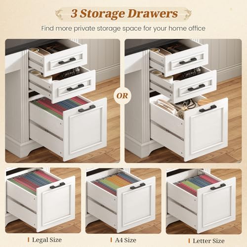 Image of SEDETA Farmhouse Computer Desk with Hutch and 3 Drawers, 47.2 inch Executive Office Desk with Storage Drawers, Wood Desk with Power Outlet for Home Office, White