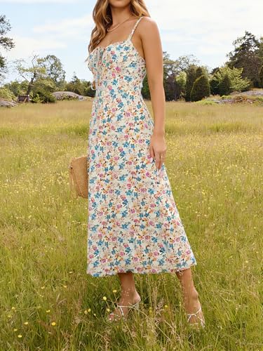 Image of YATHON Women's Summer Midi Corset Boho Dresses Spring Casual Floral Spaghetti Straps Lace Up Dress Flowy Aline Beach Sundress