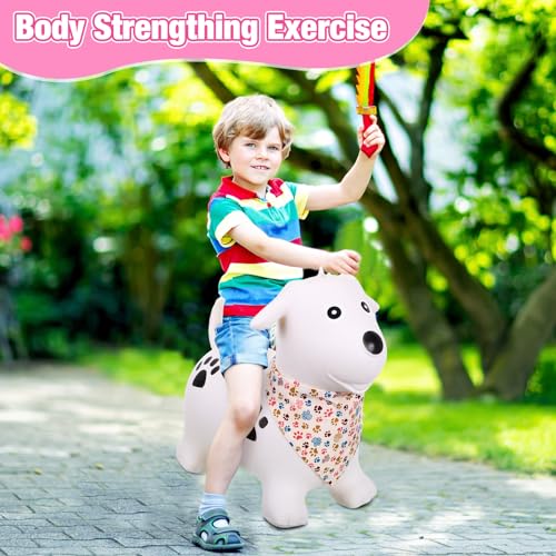 2 Pack Bouncy Animal Dog Hopper Inflatable Bouncing Horse Hopper Toys Jumping Ride on Hopping Bounce with Pump Rubber Bouncing Animal Gift for Boys Girls(White, Pink,Classic Style) - Image 3