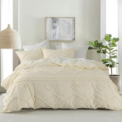 Bedduvit King Duvet Cover Set - Soft Tufted Duvet Cover King Size, Boho Bedding Comforter Sets for All Seasons, 3 Pieces Embroidery Shabby Bedding Duvet Covers (Beige, 104" x 90") Cover