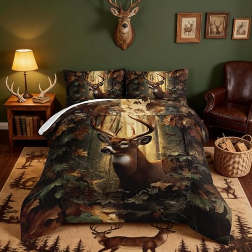 HOSIMA Deer Bedding Sets Full for Kids Fluffy Lightweight Brown Animal Bedding for Teens Boys Room Decor Hunting Themed Forest Deer Comforter with 2 Pillowcases.