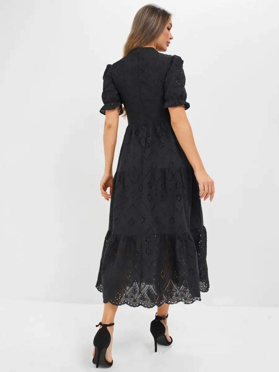 utcoco Womens Eyelet Lace Embroidered Dress Elegant V Neck Short Puff Sleeve Tiered A Line Midi Dresses - Image 3
