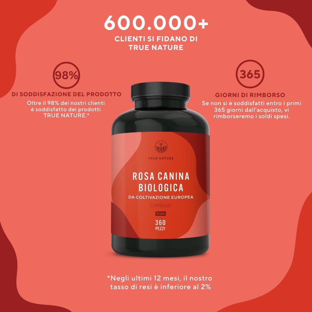 Rosa Canina Biologica - 3900 mg di dosaggio elevato - 360 Capsule (650 mg di polvere di rosa canina) - Vegan, senza glutine e senza lattosio - Testato in laboratorio - TRUE NATURE®