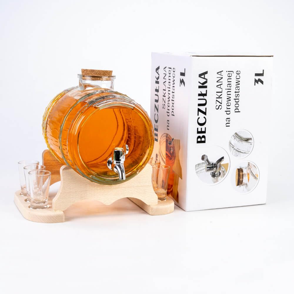 Getränkespender Fass mit Zapfhahn (3L) inkl. 6 Gläser - Fassförmiger Getränkespender Aus Glas - Schnapsspender - Schnaps Spender mit Holzständer - Wasserspender mit Hahn