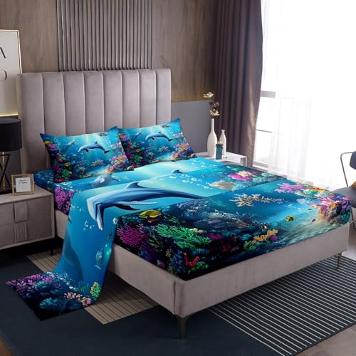 richhome Lindo juego de sábanas para niños y niñas, tamaño doble, diseño de océano azul marino, sábana bajera ultra suave, coralino, animales del océano, colección de ropa de cama de criaturas marinas