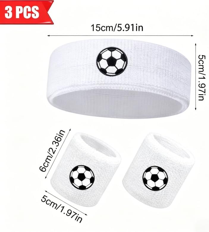 Sports Headband with Wristbands, White Soccer Pattern, High Elastic Sweatband for Basketball, Running & Fitness