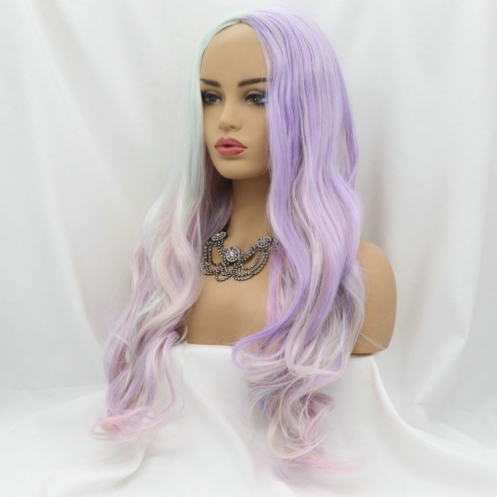 SERENEWIG Colorful Wigs Pastel Pink Purple Blue Green Blend Synthetic None-Lace Rainbow Wig Long Wave Glueless Heat Resistant Multi-color Machine Made Cosplay Halloween Wigs - Image 3