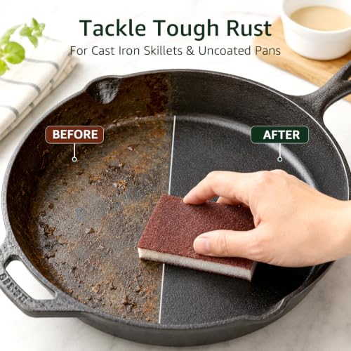 Image of 10 Pack Magic Carborundum Sponge Pads Heavy Duty Rust Scrubber for Cookware | High Density Emery Sheets Remove Baked-On Grease and Grime from Pots Pans Sinks Grills Stovetops Kitchen Bathroom Surfaces