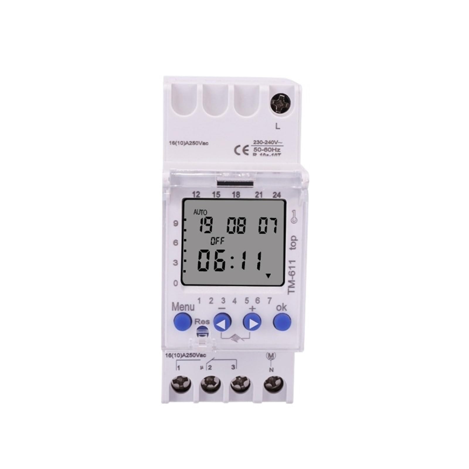 1 Unidad de Interruptor Temporizador Digital electrónico programable de un Canal, 7 días/24 Horas, con función de Pulso, 220 V/230 V CA, for Carril DIN, con una Salida de relé.