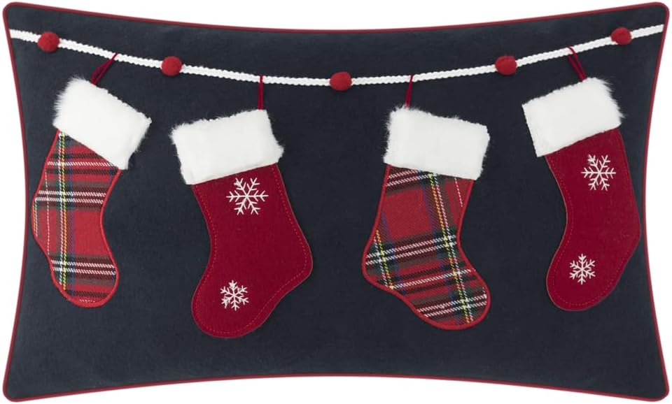 JWH Christmas Stocking Throw Pillow Cover Decorative Holiday Decorations Lumbar Pillowcase Red Plaid Socks Cushion for Farmhouse Bed Sofa Couch 12x20 Inches Navy Blue