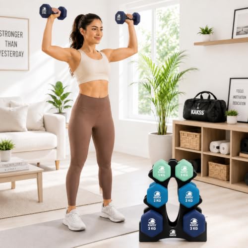 Image of KAKSS Neoprene Dumbbells Set with Stand, 12kg (2 x 1kg, 2 x 2kg, 2 x 3kg), Multicolor Hex Dumbbells Hand Weights for Home Gym, Workout, Strength Training, Fitness Exercise for Women & Men