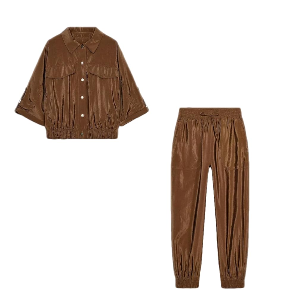 Kiioouu Ensemble de pantalons amples décontractés pour femme - Chemise à manches courtes - Couleur unie